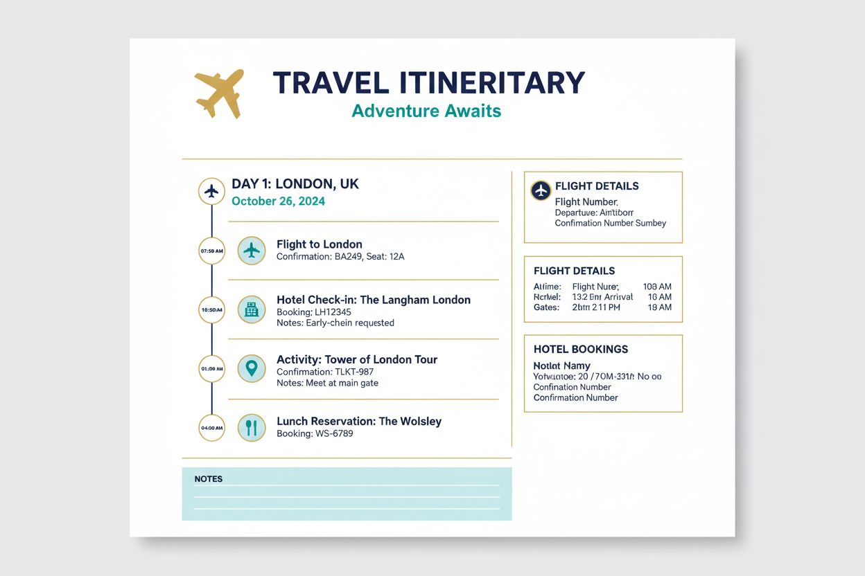 Travel Itinerary Template Professional Trip Schedule and Day Planner