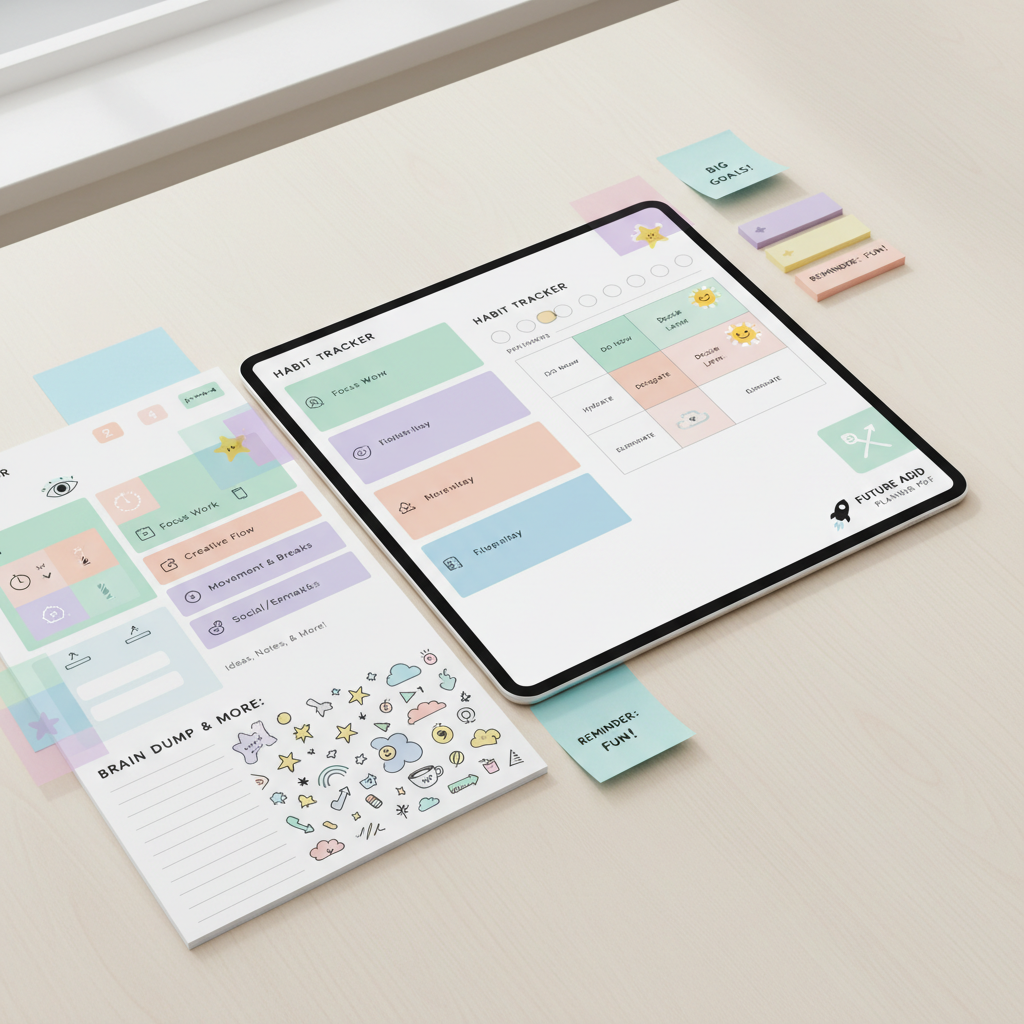 Future ADHD Planner - Colorful organization system with time-blocking and habit tracking